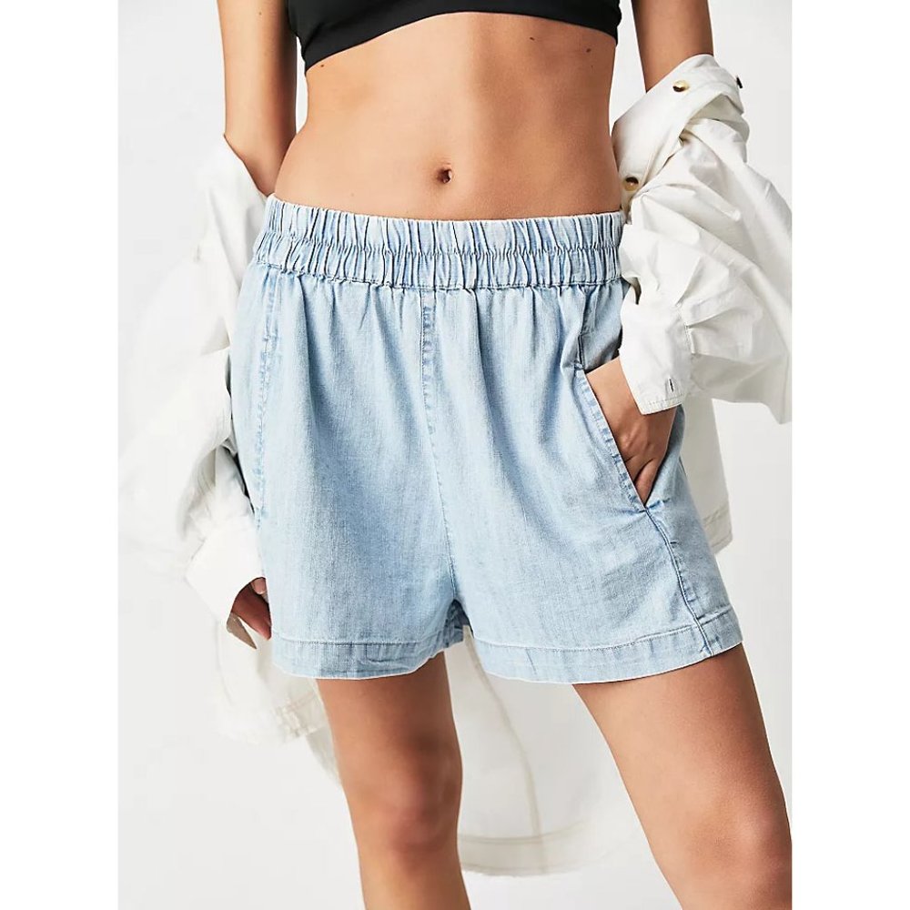 FREE PEOPLE Get Free Chambray Pull On Shorts / Lady Liberty - Picture 7 of 11
